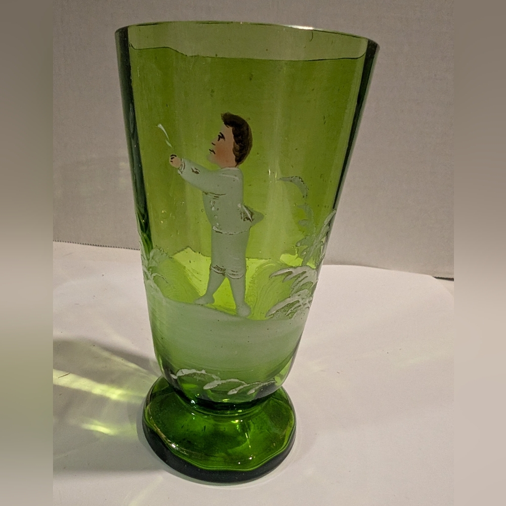 Antique Mary Gregory Green Glass Or Vase, Hand Painted Child.